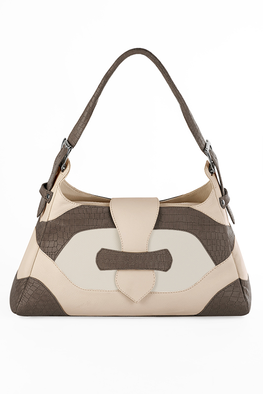 Dress handbag in taupe brown, off white and champagne white leather - Top view